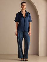 [Blu Scuro] SilkSilky-IT Short Sleeve Lapel Collar Camicie da donna 006