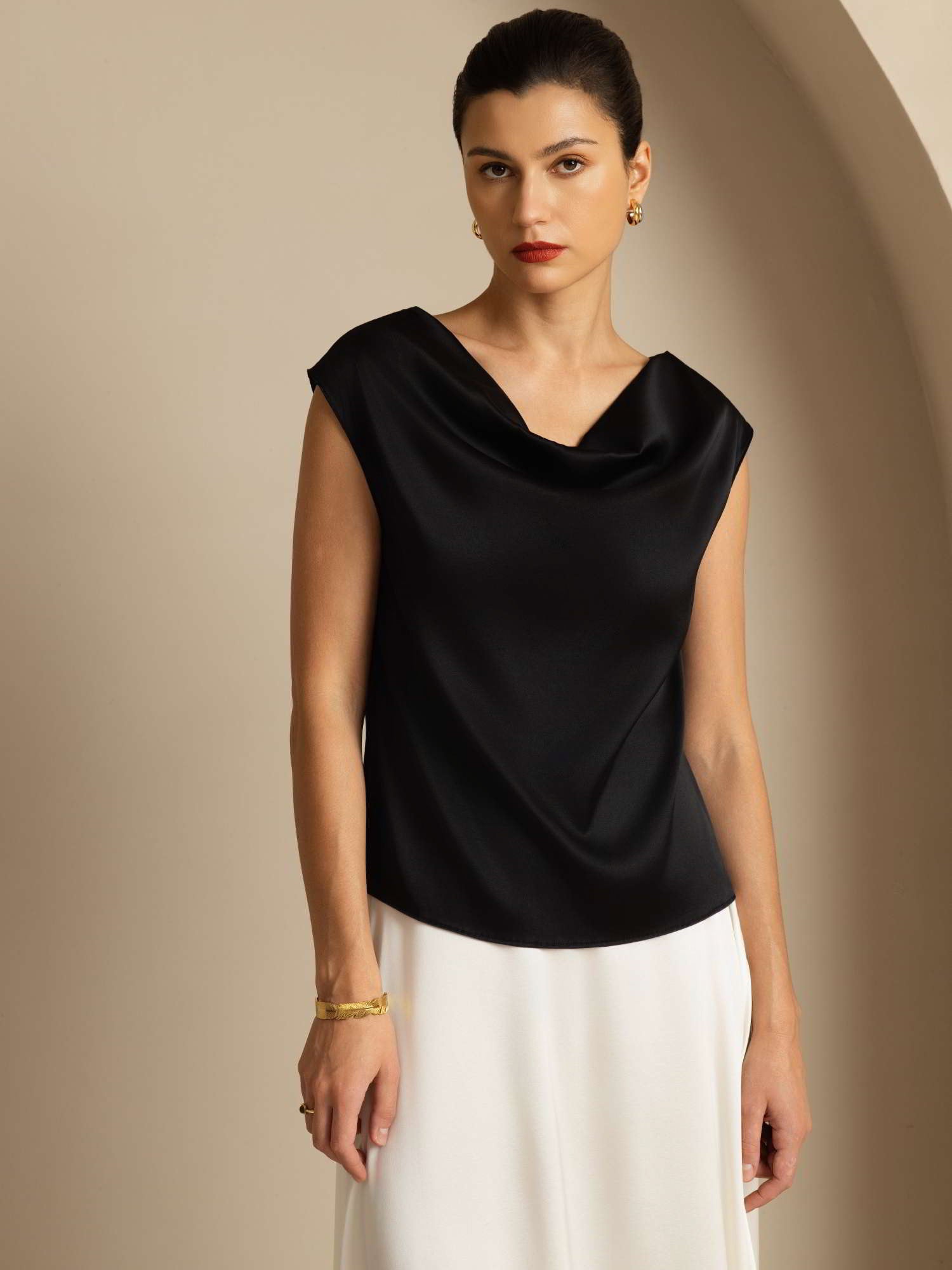 [Nero] SilkSilky-IT 19Momme Seta Senza maniche Collo drappeggiato Magliette donna 001