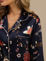 [Floreale Blu Navy] SilkSilky-IT Long Sleeve Lapel Collar Pigiami da donna 006