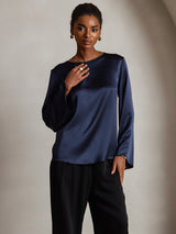 [Blu Scuro] SilkSilky-IT Long Sleeve Boat Neck Camicette 003