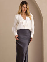 [Bianco] SilkSilky-IT Long Sleeve Deep V Neck Bluse 003