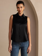 [Nero] SilkSilky-IT Sleeveless Lapel Collar Camicie da donna 003