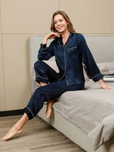 [Blu Scuro] SilkSilky-IT Long Sleeve Lapel Collar Pigiami da donna 003