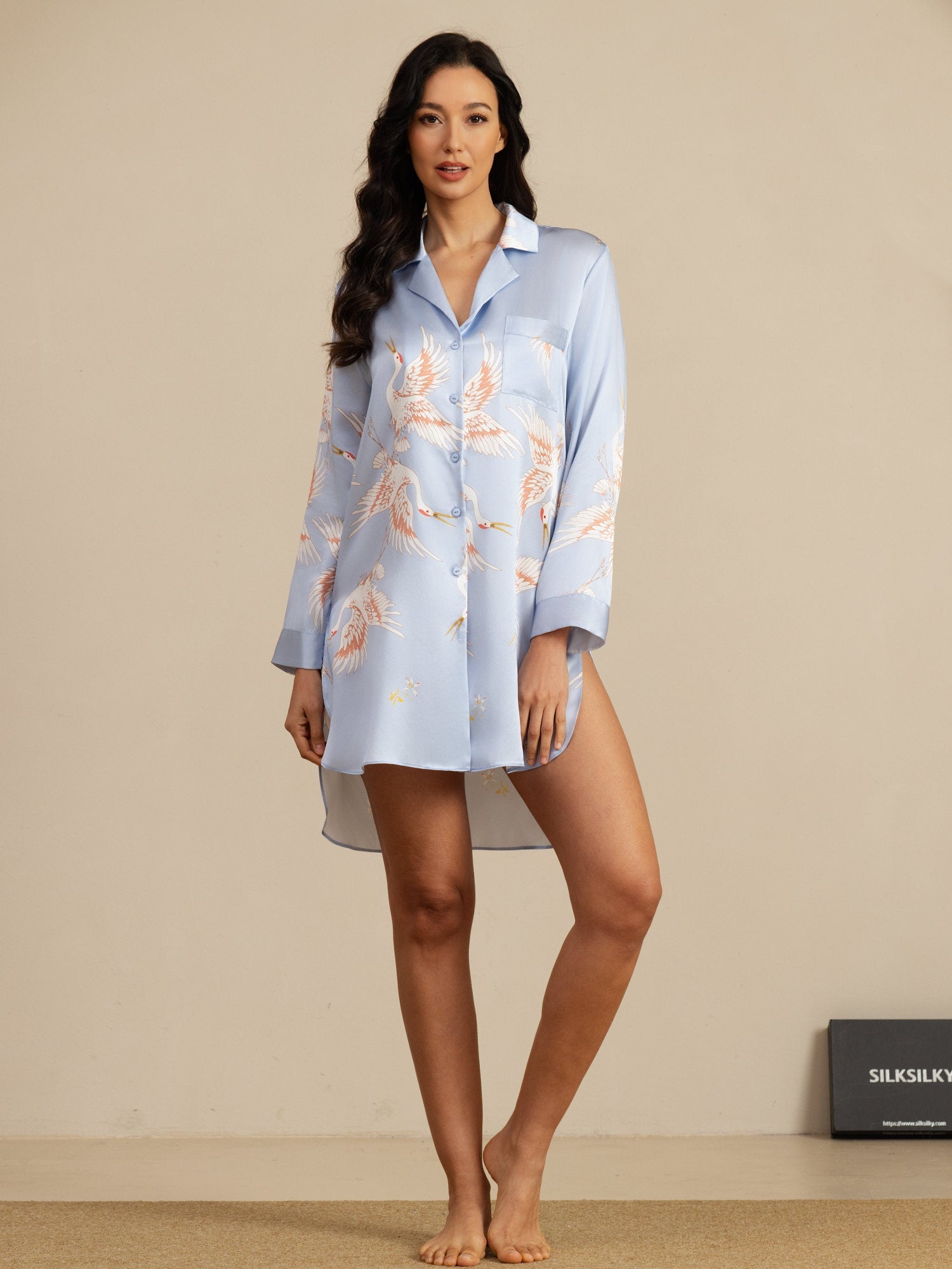 [Azzurro] SilkSilky-IT 19Momme Manica lunga Collo a Taglio Camicia da notte 005