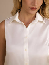 [Bianco] SilkSilky-IT Sleeveless Lapel Collar Camicie da donna 004