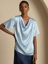 [Blu Grigiastro] SilkSilky-IT Short Sleeve Cowl Neck Bluse 001