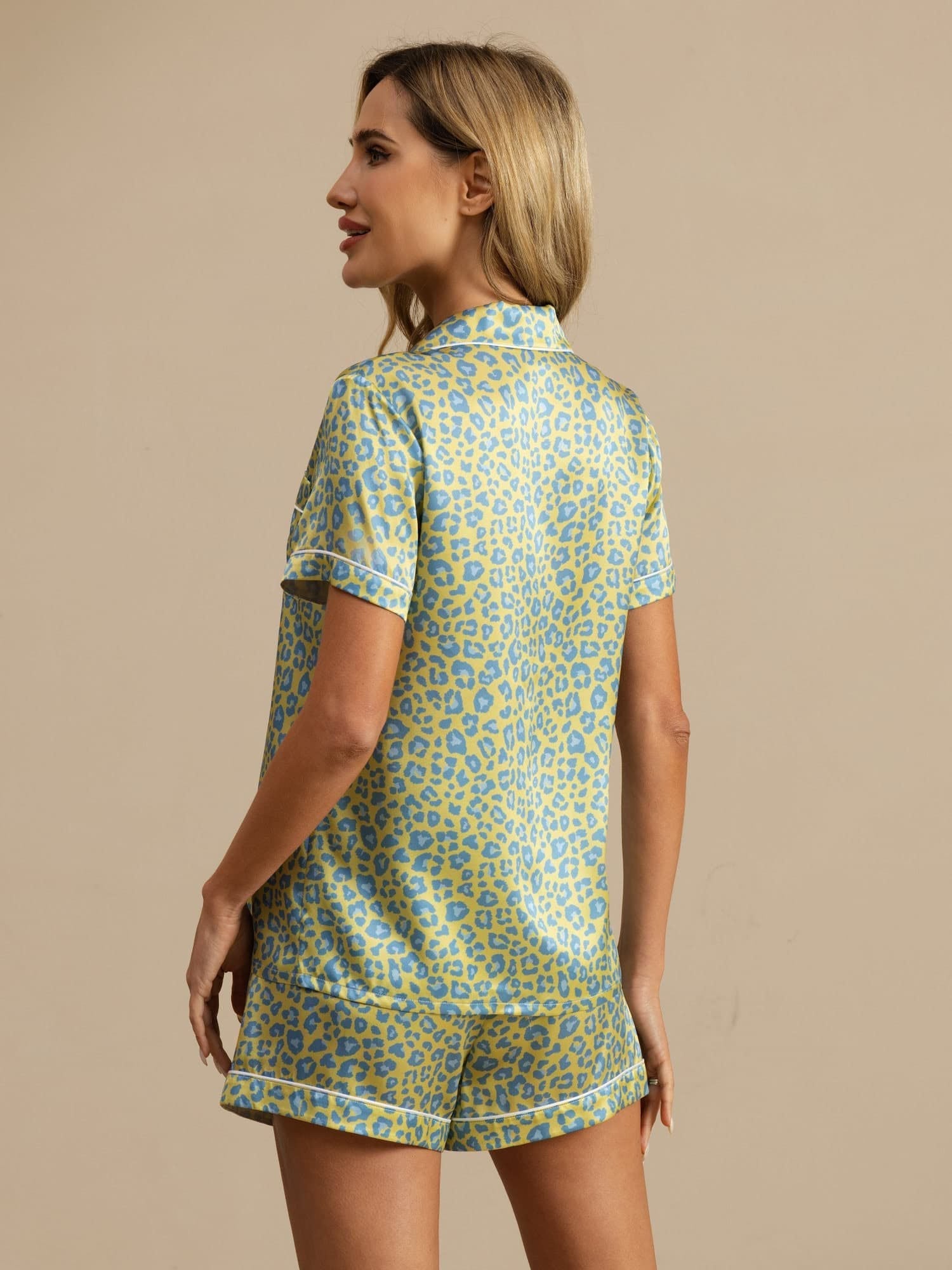 [Leopardo Verde] SilkSilky-IT 19Momme Maniche Corte Collo a Taglio Pigiami da donna 002