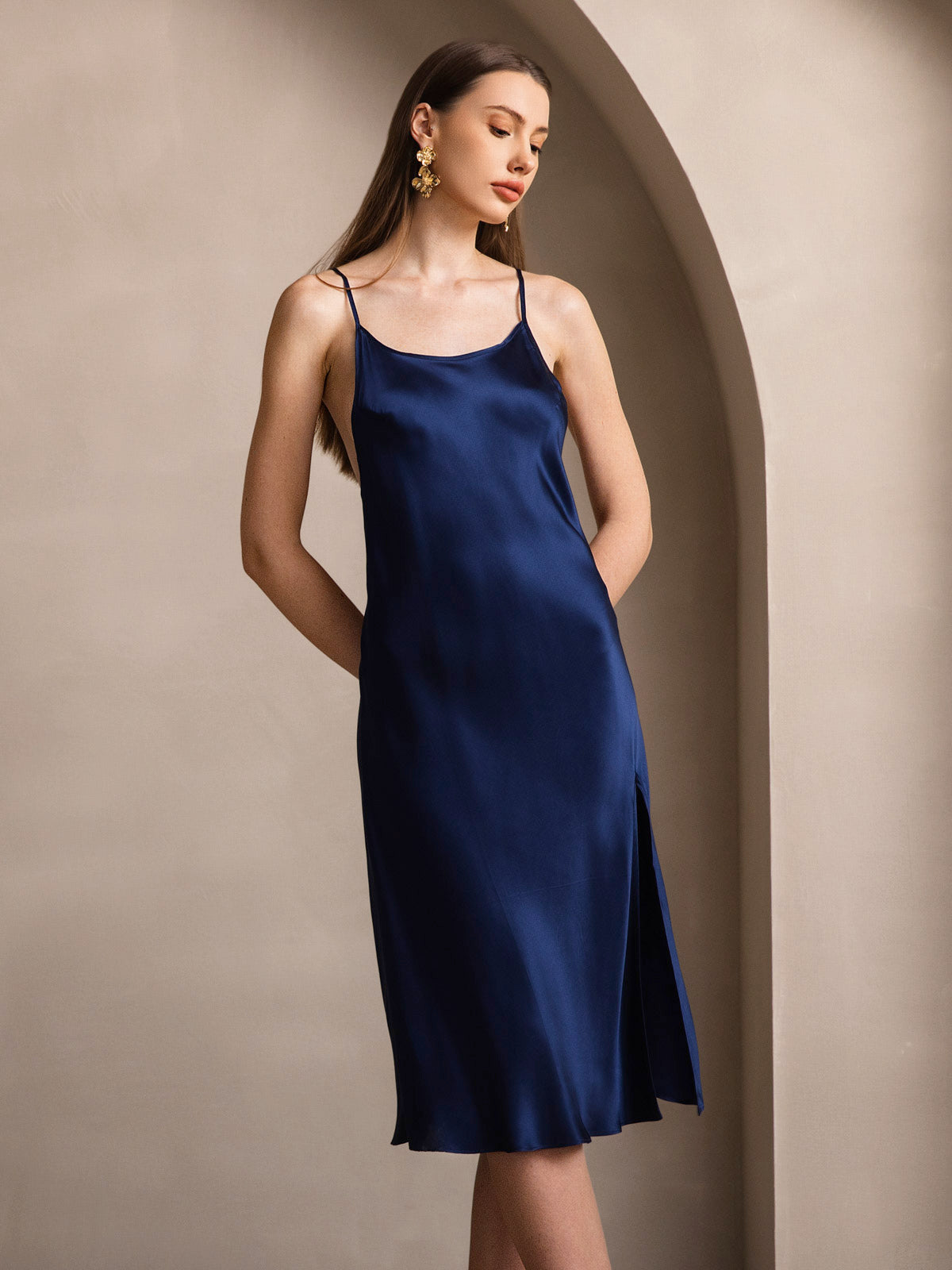 [Blu Scuro] SilkSilky-IT Seta pura Senza maniche Round Neck Vestiti da donna 001