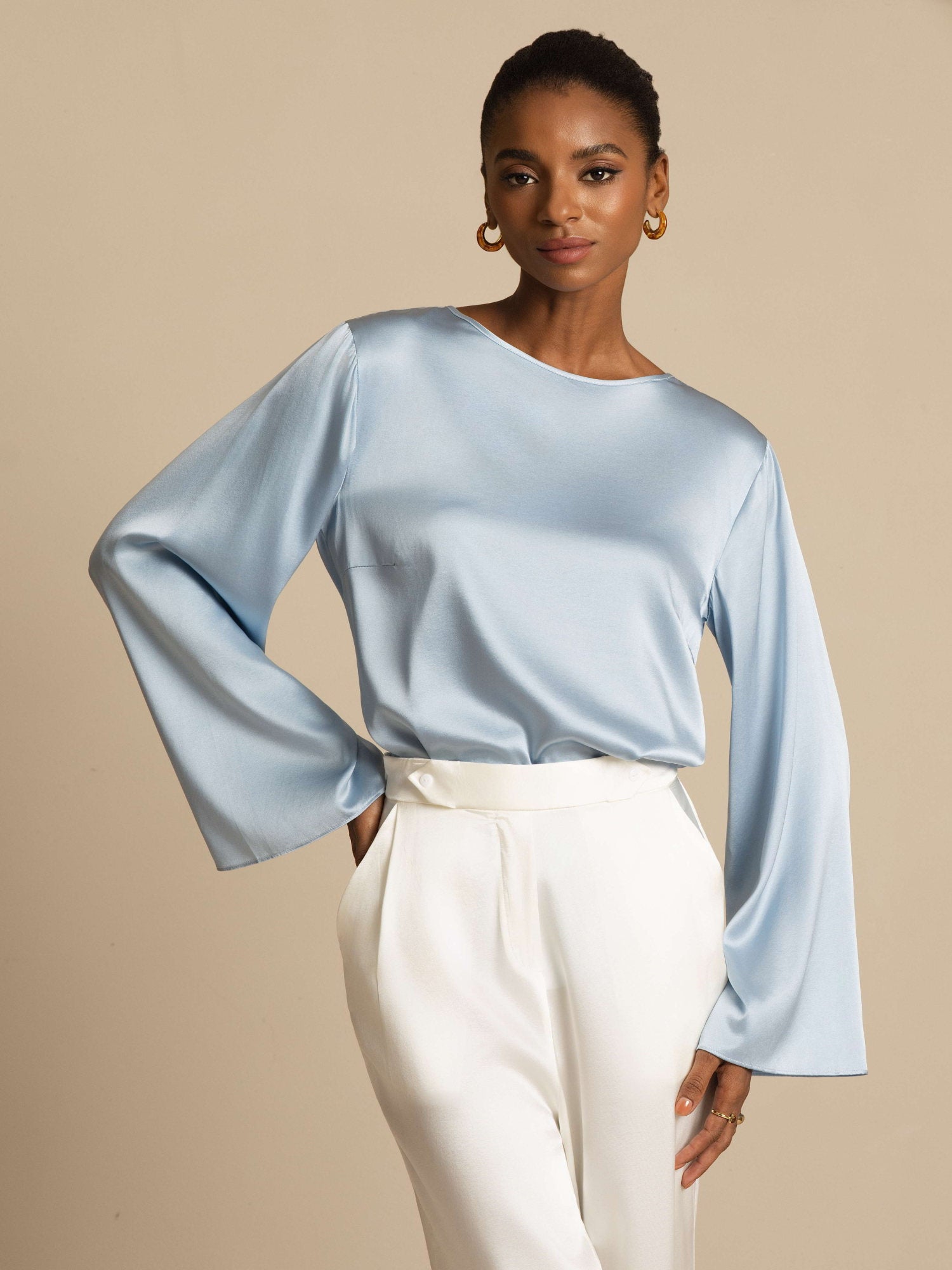 [Blu Grigiastro] SilkSilky-IT 19Momme Manica lunga Scollo barchetta Camicette 003