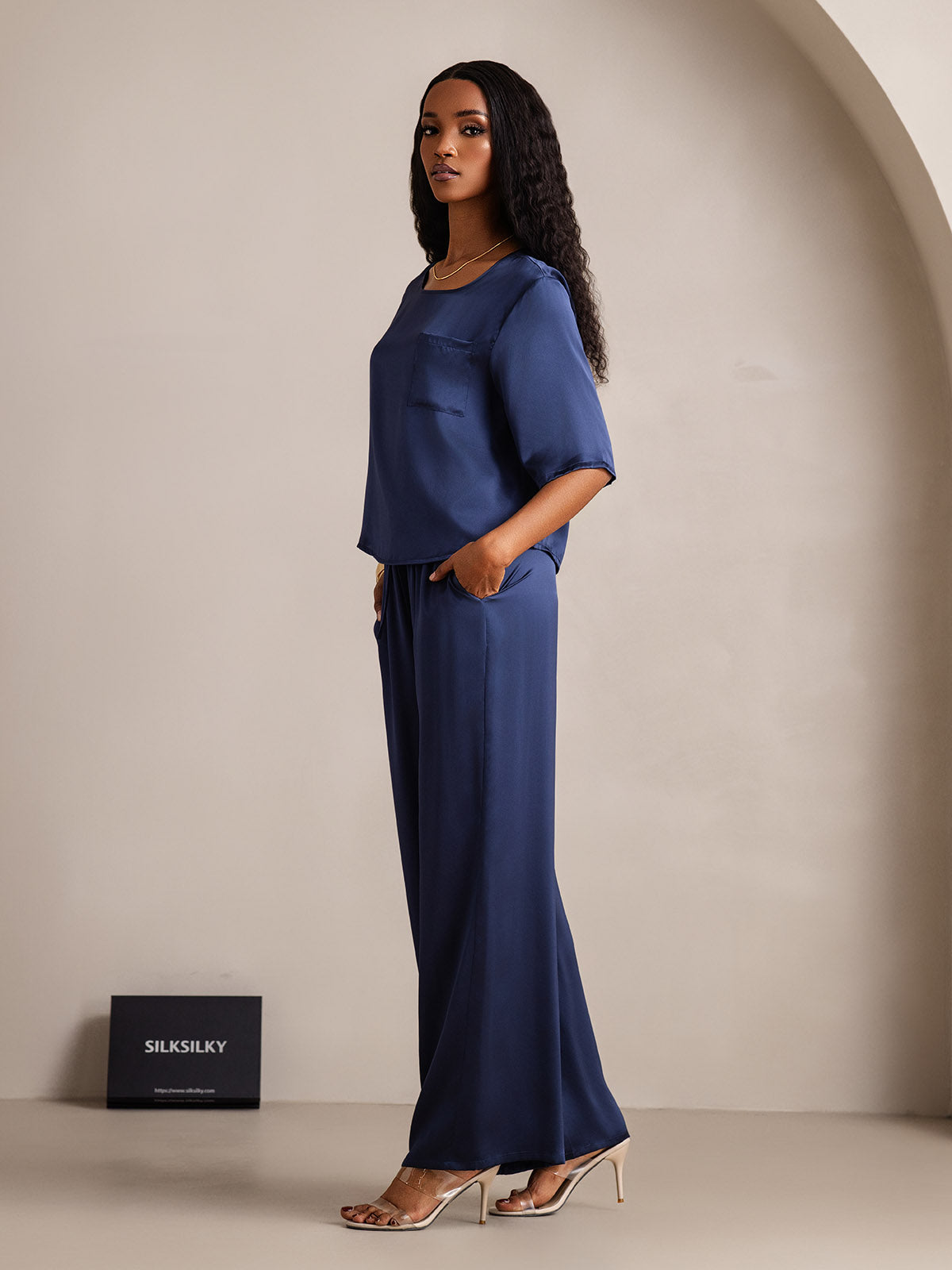 [Blu Scuro] SilkSilky-IT Manga media Scollo rotondo Pigiami da donna 004