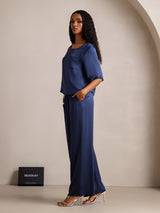 [Blu Scuro] SilkSilky-IT Half Sleeve Round Neck Pigiami da donna 004