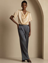[Champagne] SilkSilky-IT Short Sleeve Cowl Neck Bluse 008