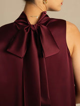 [Rosso Scuro] SilkSilky-IT 19Momme Senza maniche Collo con fiocco Camicette 004