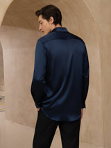 [Blu Scuro] SilkSilky-IT 19Momme Manica lunga Colletto con Revers Camicia da uomo 002