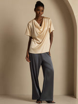 [Champagne] SilkSilky-IT Short Sleeve Cowl Neck Bluse 006