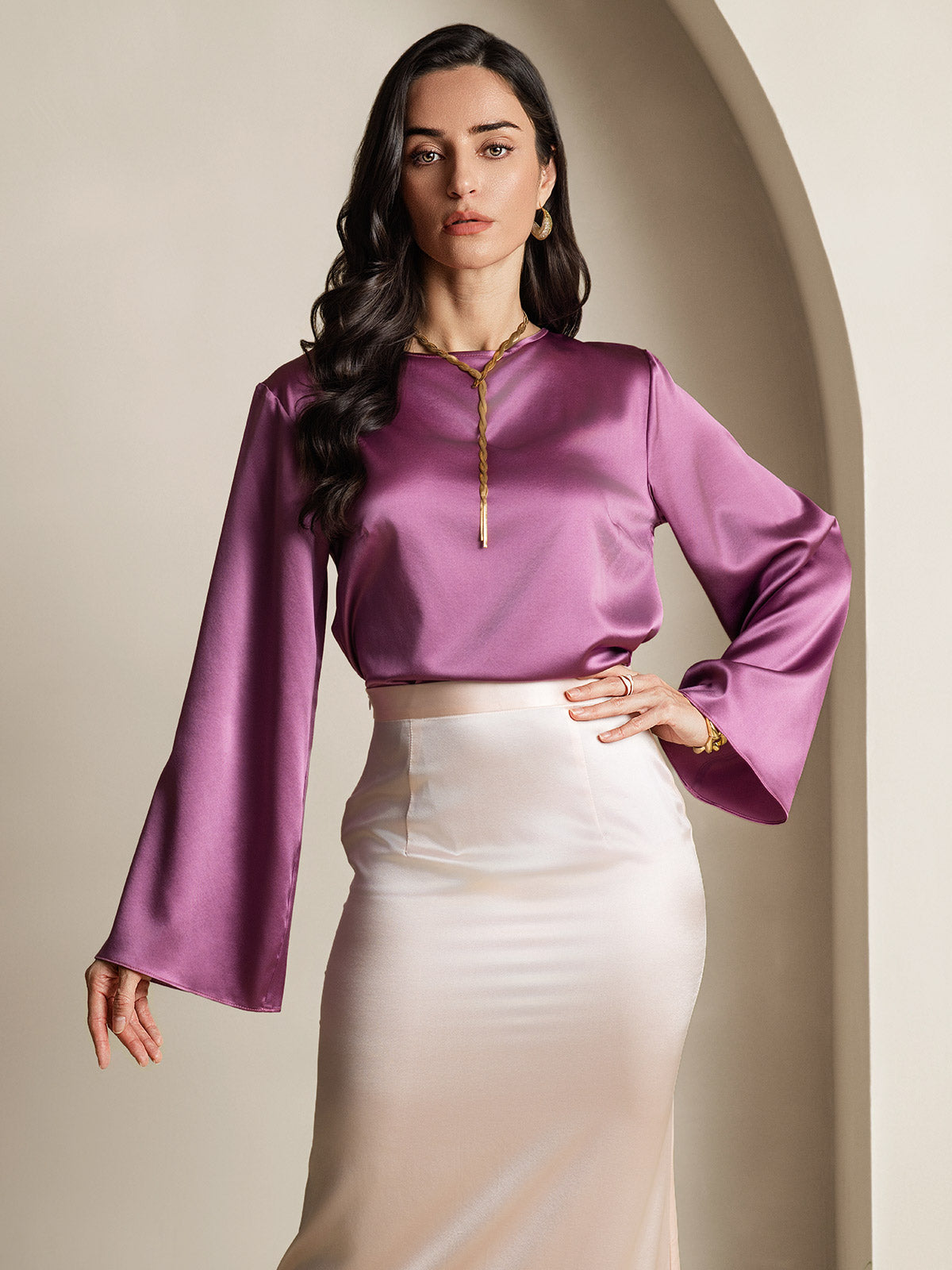 [Viola Scuro] SilkSilky-IT 19Momme Manica lunga Scollo barchetta Camicette 001