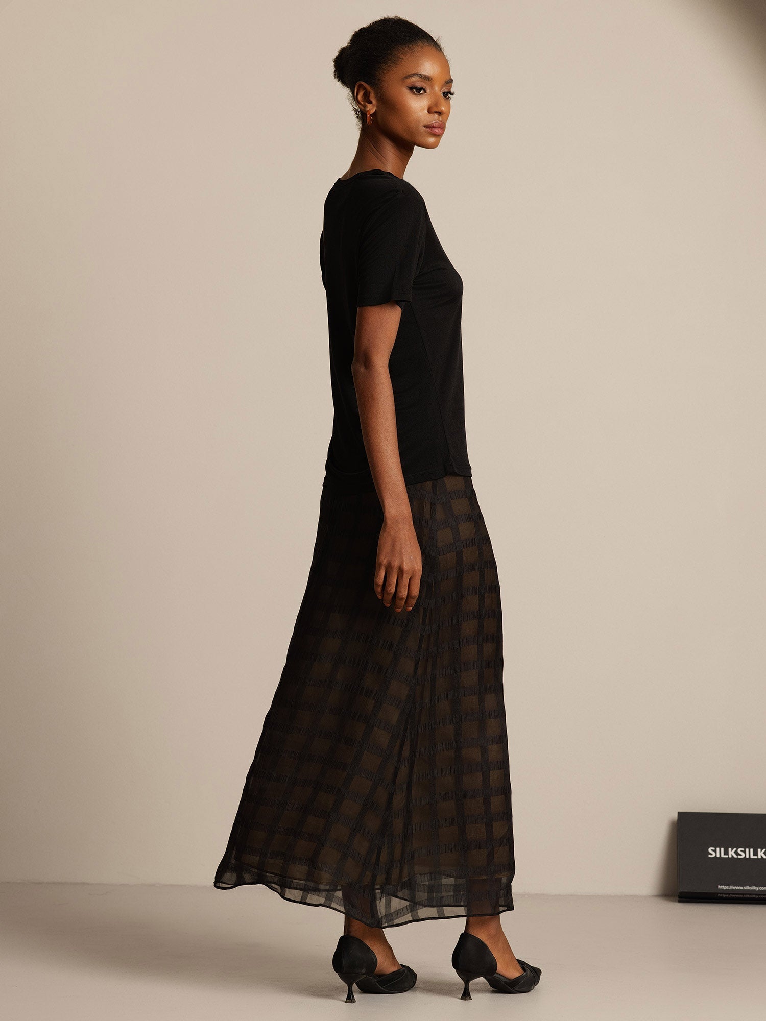 [Nero] SilkSilky-IT Maglia di seta Womens T-Shirt 005,