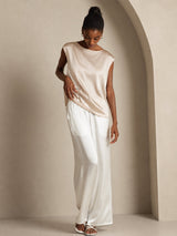 [Beige] SilkSilky-IT Cap Sleeve Round Neck Magliette donna 006
