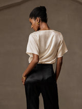 [Beige] SilkSilky-IT Short Sleeve Cowl Neck Bluse 002