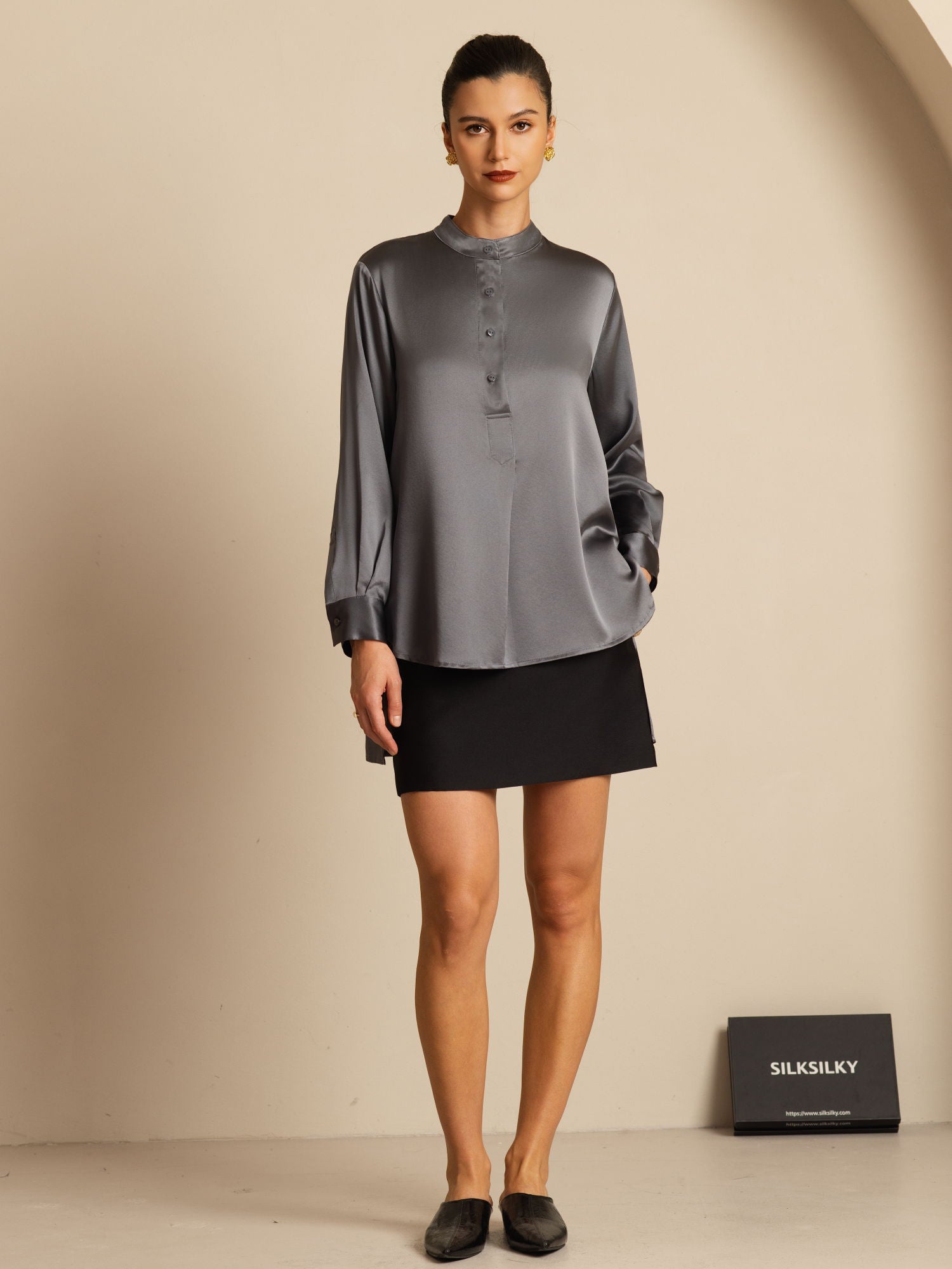 [Grigio Scuro] SilkSilky-IT 19Momme Seta Manica lunga Collo Alto Camicette 009