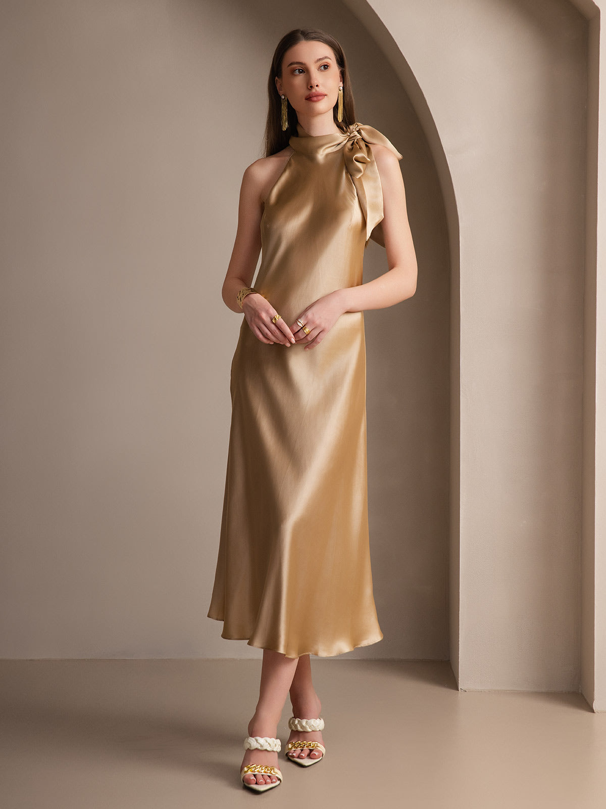 SilkSilky-IT 19Momme Seta Senza maniche Nodo al collo Vestiti da donna Champagne 001