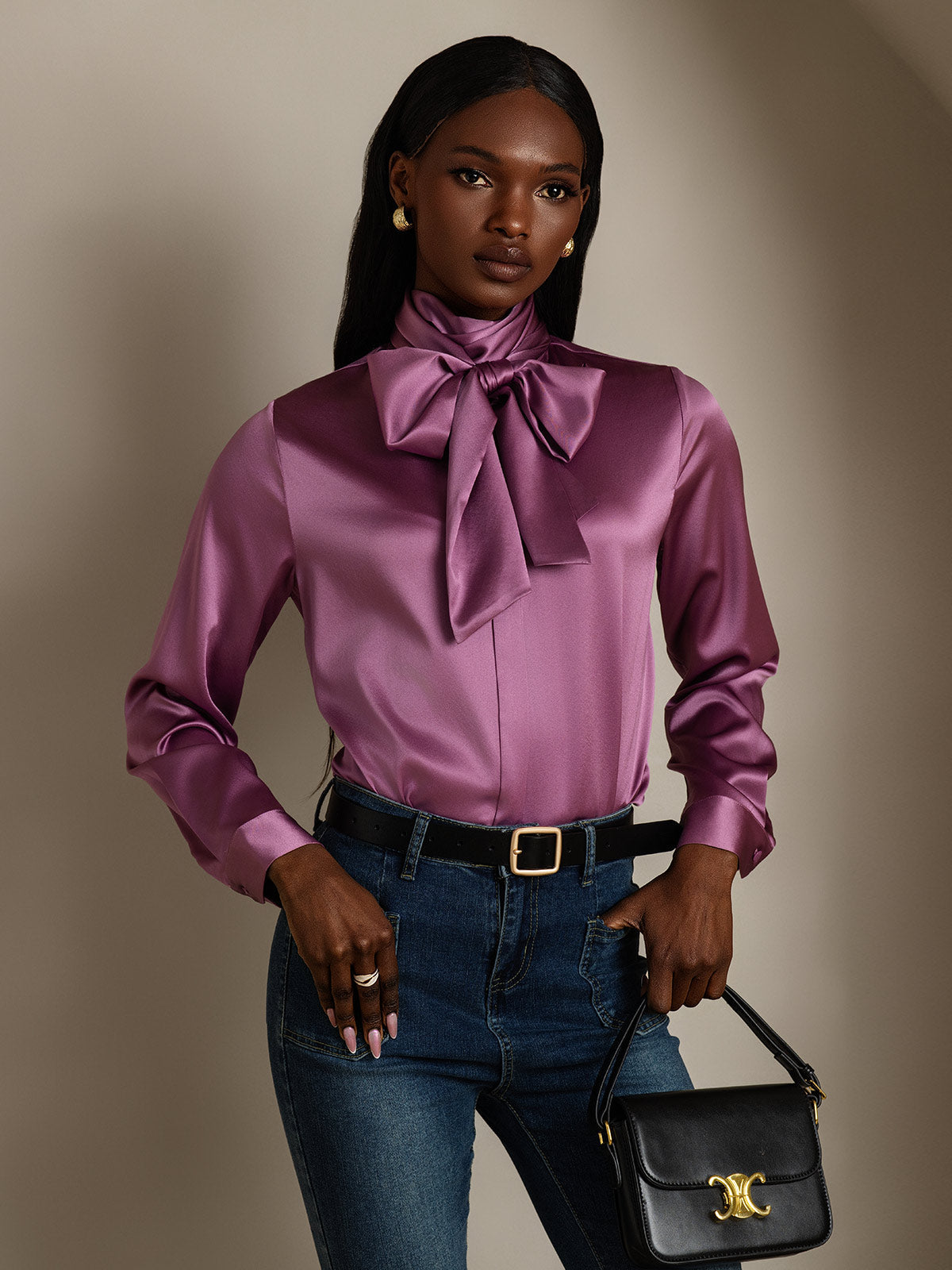[Viola Scuro] SilkSilky-IT 19Momme Manica lunga Camicette 007