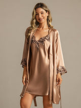[Marrone] SilkSilky-IT 3/4 Sleeve V Neck Set camicia e vestaglia 001