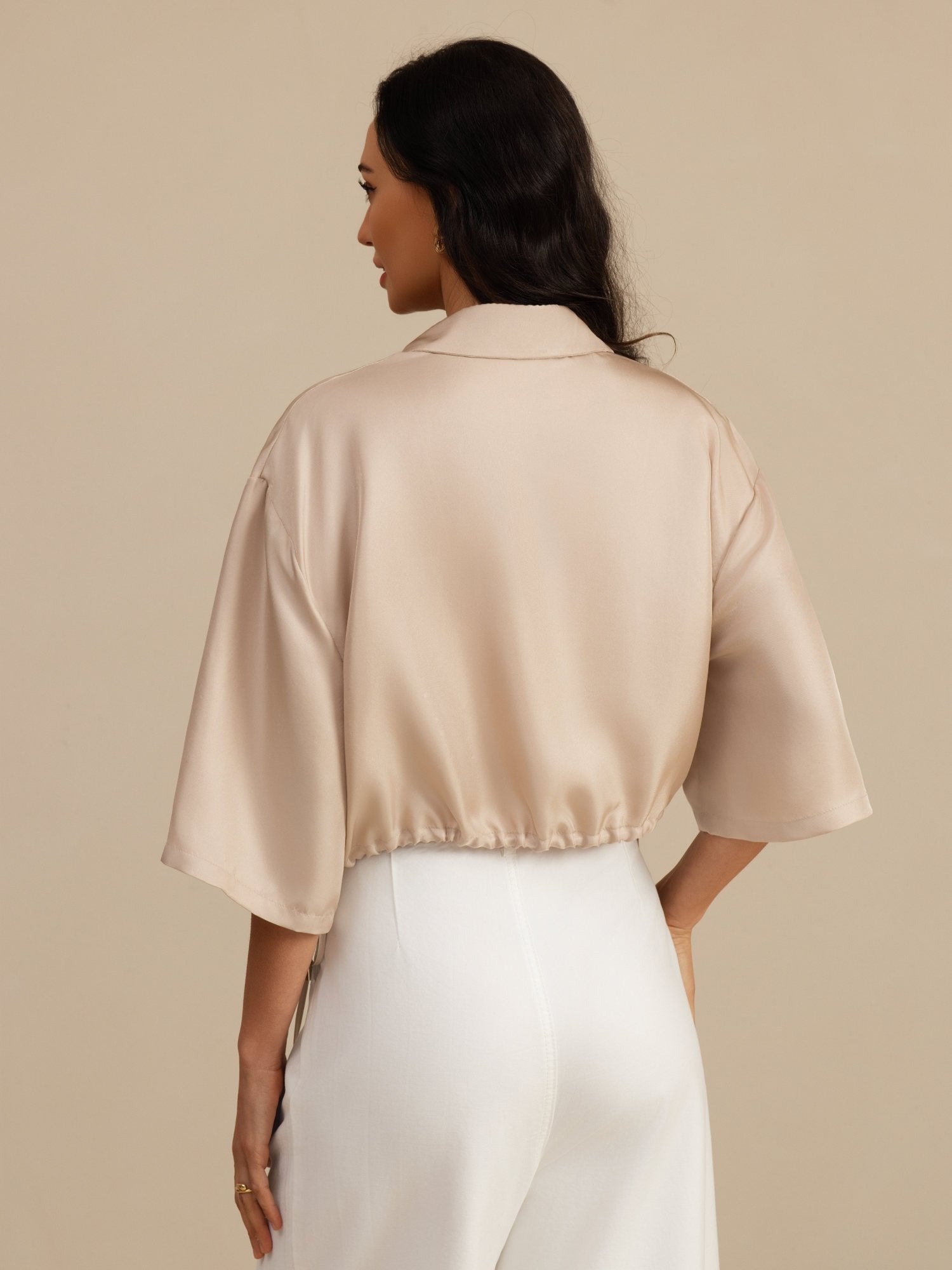 [Marrone Chiaro] SilkSilky-IT 18Momme Manga media Colletto con Revers Camicette 002