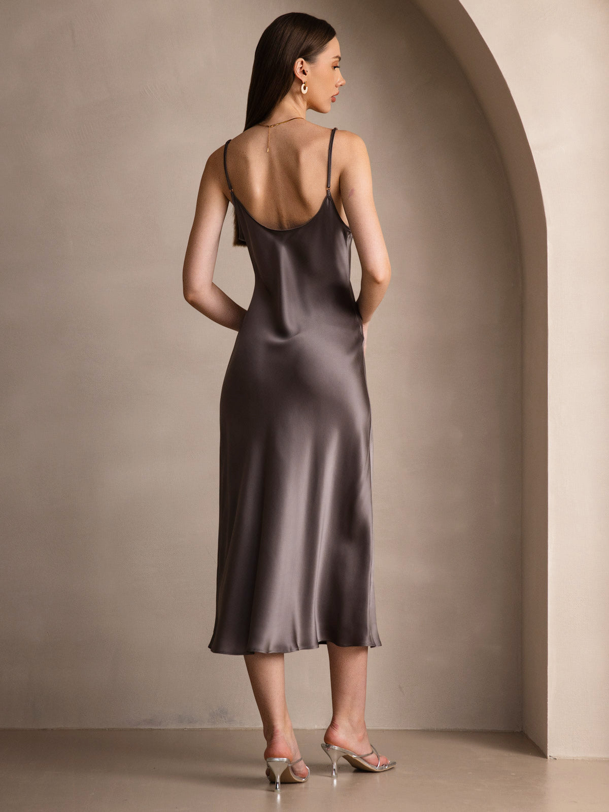 [Kaki Scuro] SilkSilky-IT Tirantes Finos Scollo a V Vestiti da donna 002