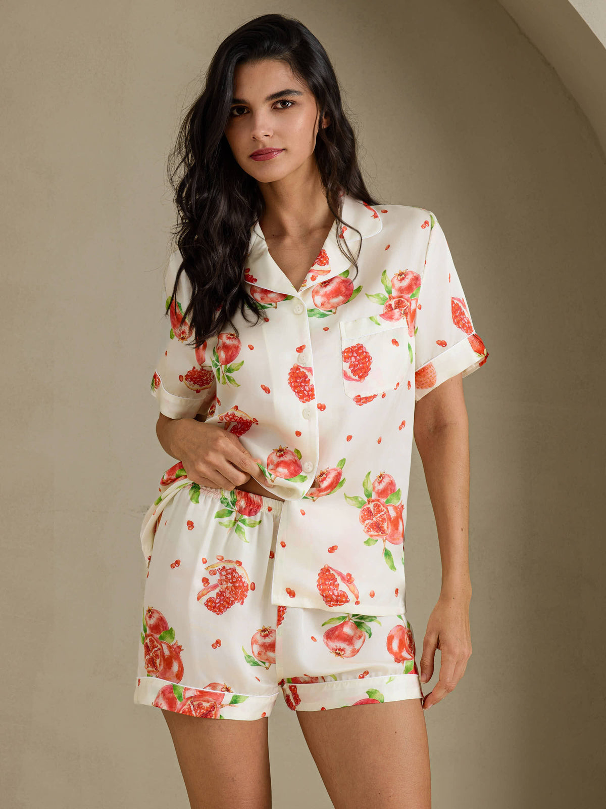 [Melograno Bianco] SilkSilky-IT Short Sleeve Notch Collar Pigiami da donna 001