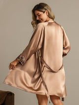 [Marrone] SilkSilky-IT 3/4 Sleeve V Neck Set camicia e vestaglia 002