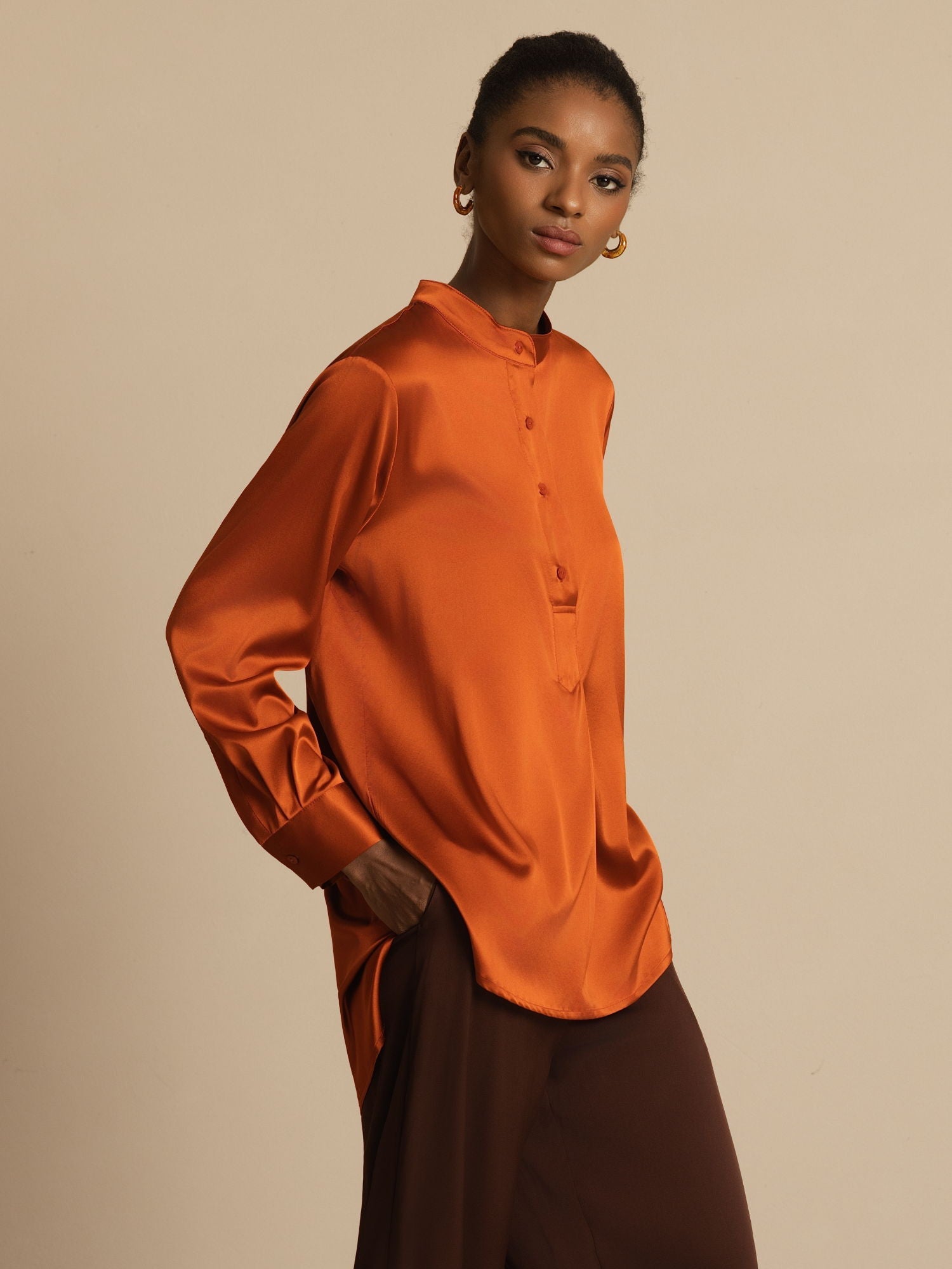 [Caramello] SilkSilky-IT 19Momme Seta Manica lunga Collo Alto Camicette 003