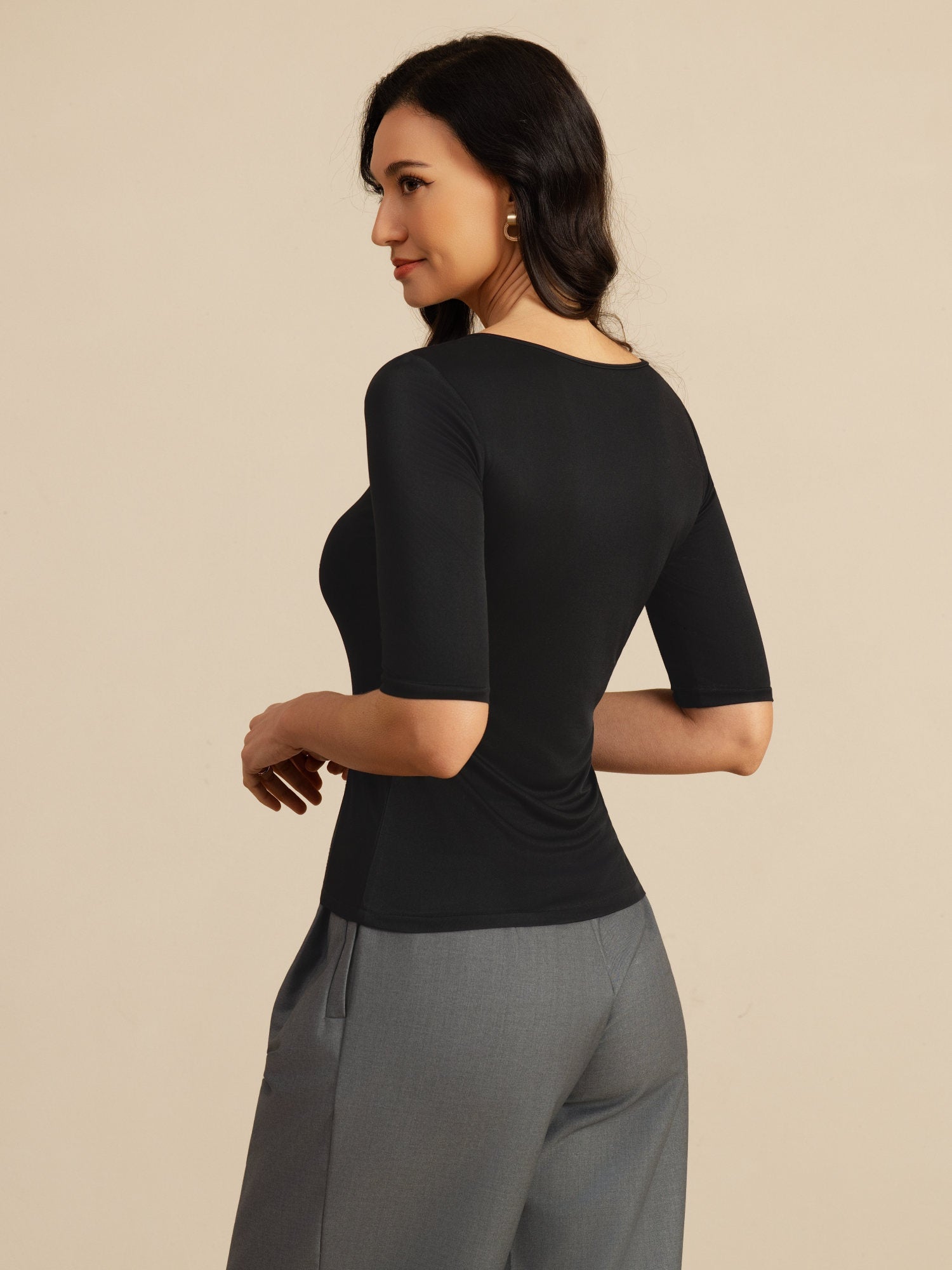 [Nero] SilkSilky-IT Half Sleeve Scoop Neck Magliette donna 002