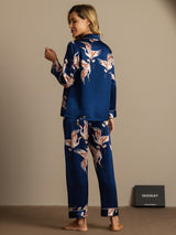 [Blu Scuro] SilkSilky-IT Long Sleeve Lapel Collar Pigiami da donna 008