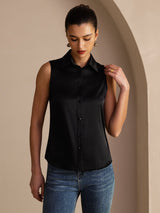 [Nero] SilkSilky-IT Sleeveless Lapel Collar Camicie da donna 005