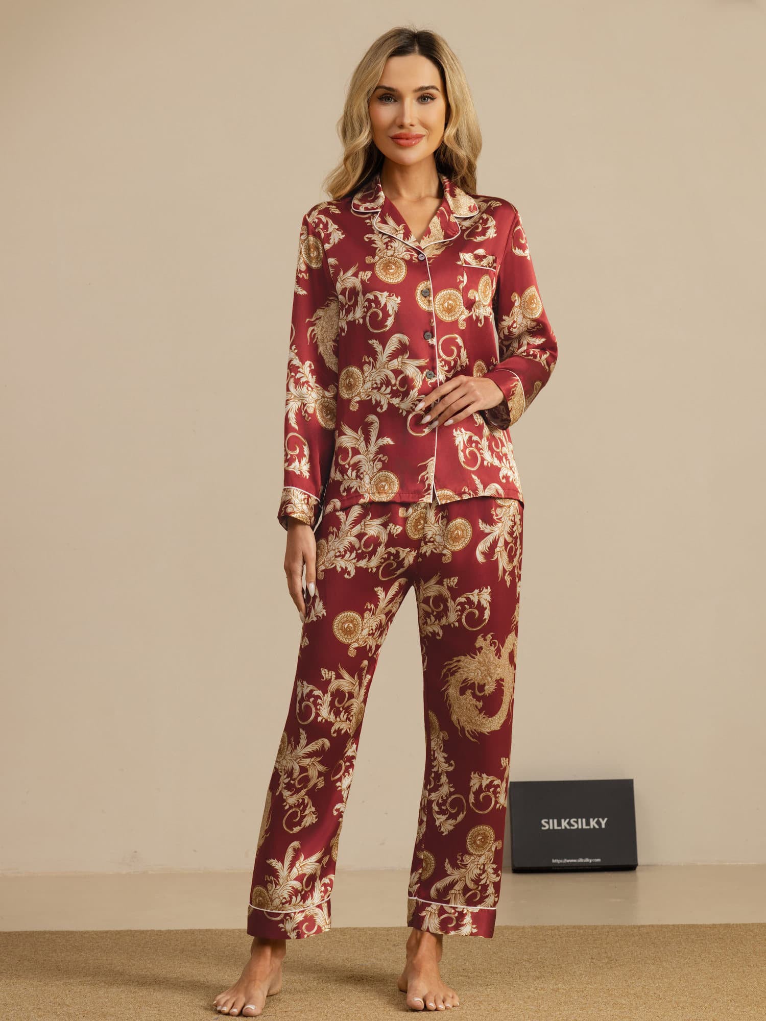 [Drago Vino] SilkSilky-IT Long Sleeve Lapel Collar Pigiami da donna 001