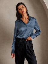 [Verde Petrolio Intenso] SilkSilky-IT Long Sleeve Lapel Collar Camicie da donna 003