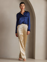 [Blu Scuro] SilkSilky-IT Long Sleeve Lapel Collar Camicie da donna 003