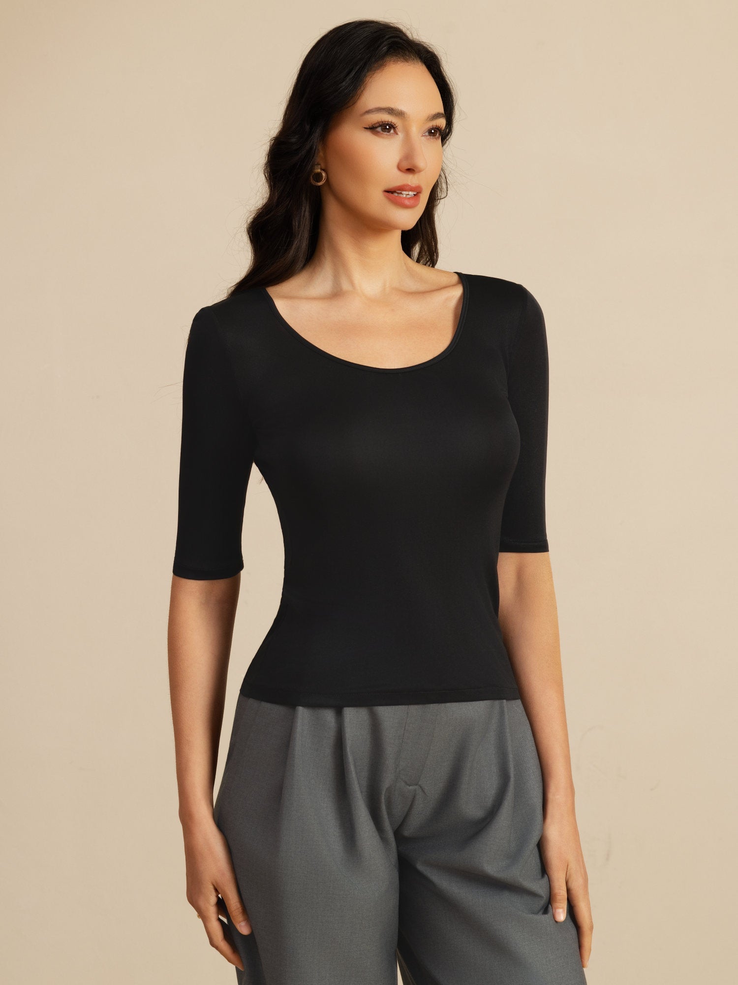 [Nero] SilkSilky-IT Half Sleeve Scoop Neck Magliette donna 001