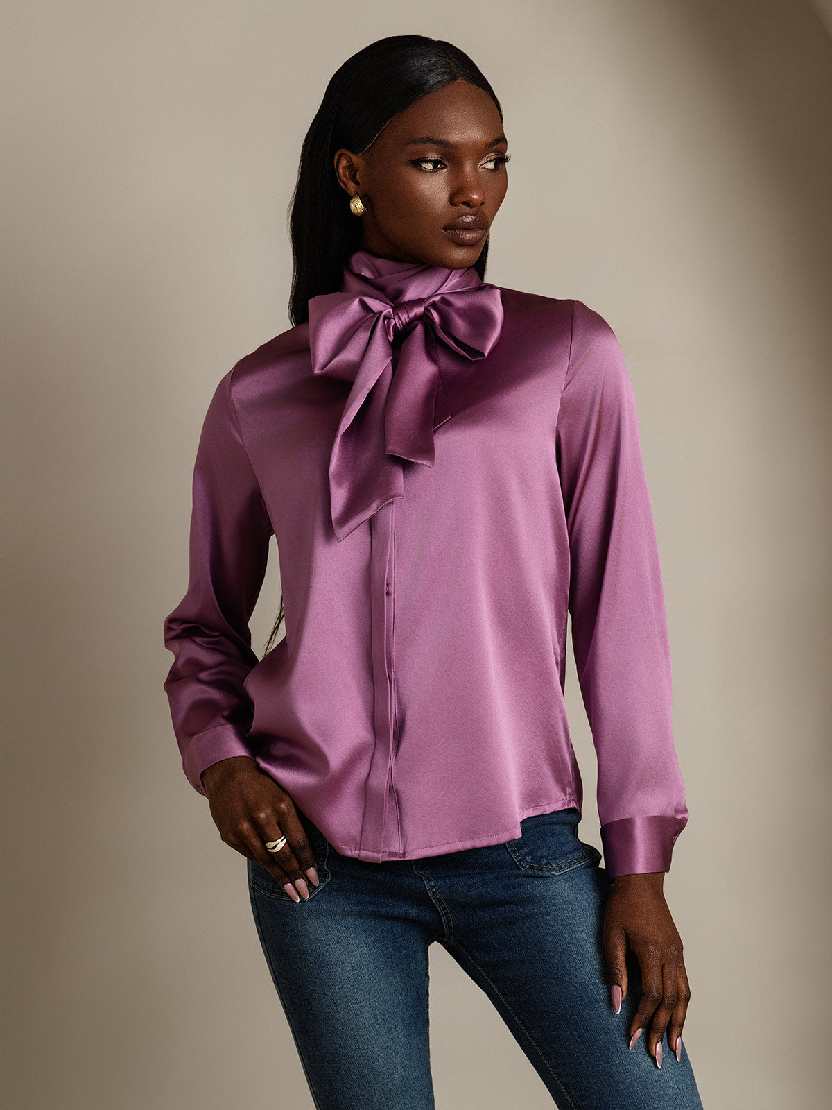 [Viola Scuro] SilkSilky-IT 19Momme Manica lunga Camicette 006