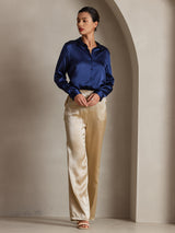 [Blu Scuro] SilkSilky-IT Long Sleeve Lapel Collar Camicie da donna 006
