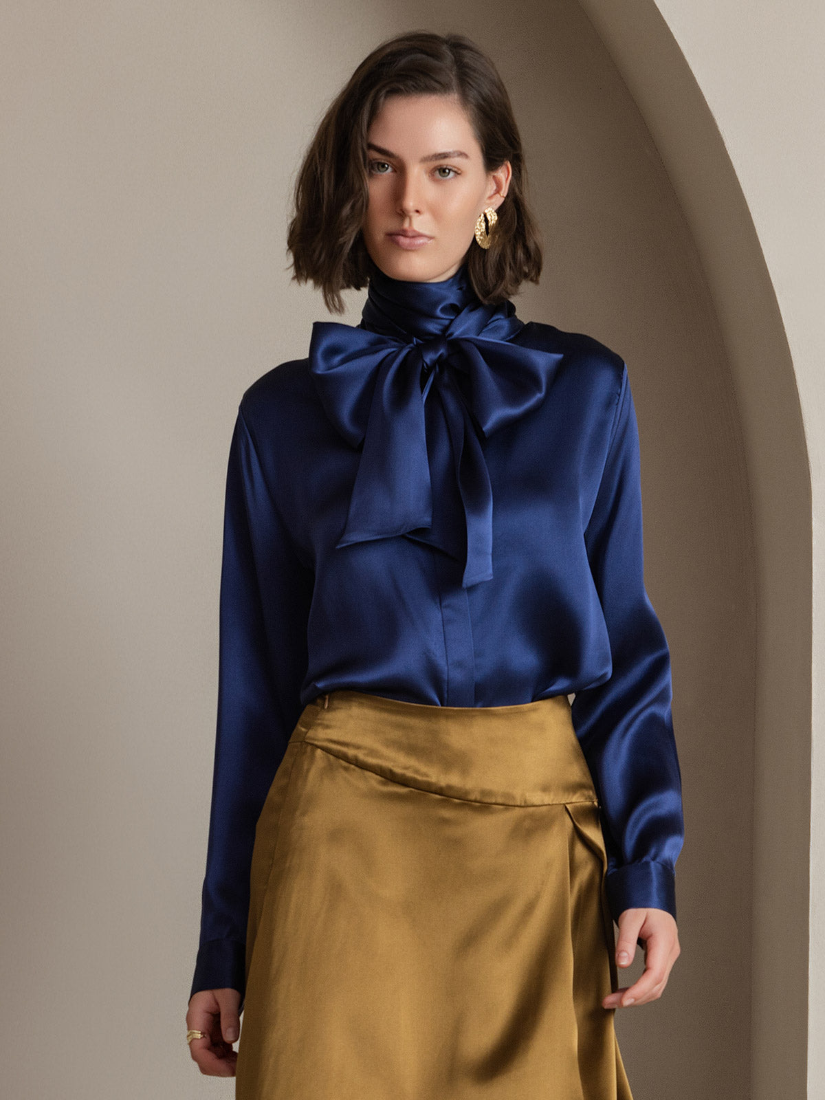 [Blu Scuro] SilkSilky-IT 19Momme Manica lunga Camicette 001