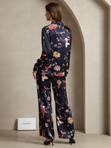[Floreale Blu Navy] SilkSilky-IT 19Momme Seta Colletto risvolto Women''s Outfit Sets 002