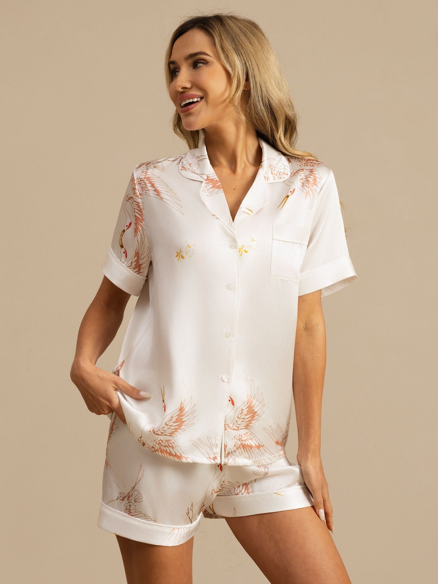 [Bianco] SilkSilky-IT 19Momme Maniche Corte Collo a Taglio Pigiami da donna 003