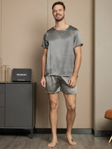 [Grigio Scuro] SilkSilky-IT Seta pura Maniche Corte Round Neck Pigiami da uomo 005
