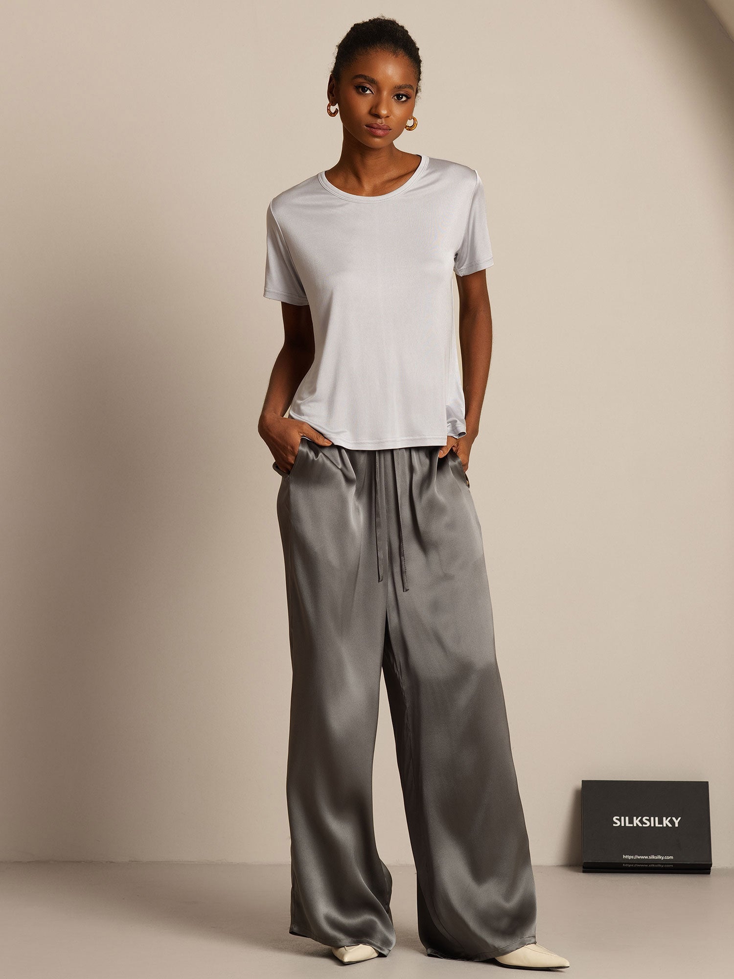 [Argento] SilkSilky-IT Maglia di seta Womens T-Shirt 007,