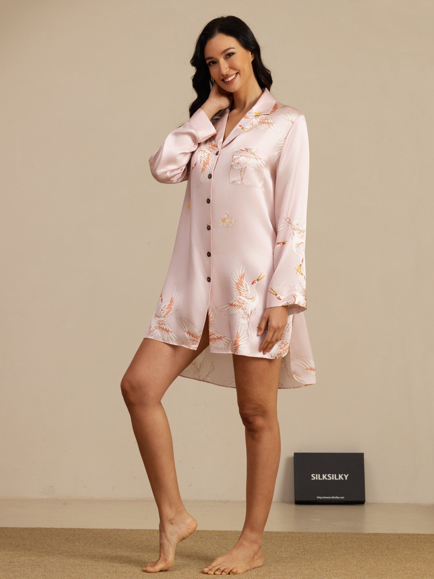 [Rosa] SilkSilky-IT 19Momme Manica lunga Collo a Taglio Camicia da notte 001