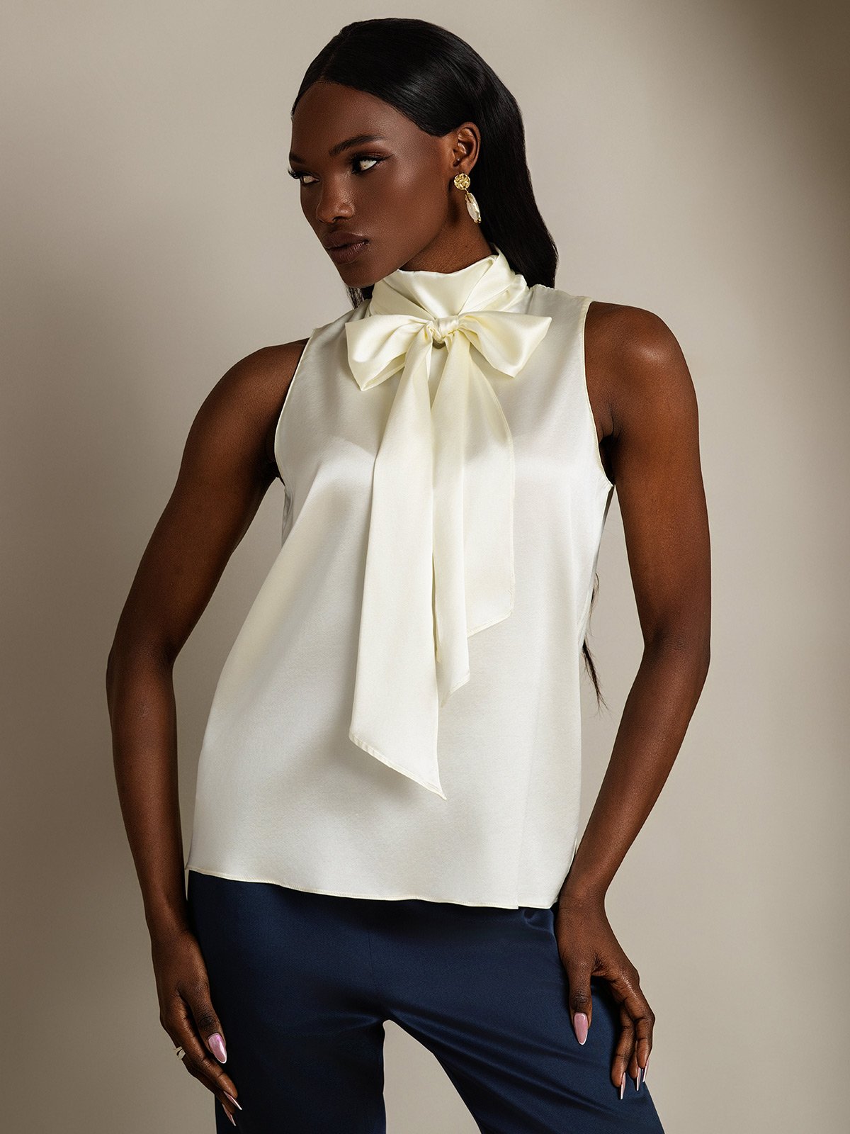 [Avorio] SilkSilky-IT 19Momme Senza maniche Collo con fiocco Camicette 003