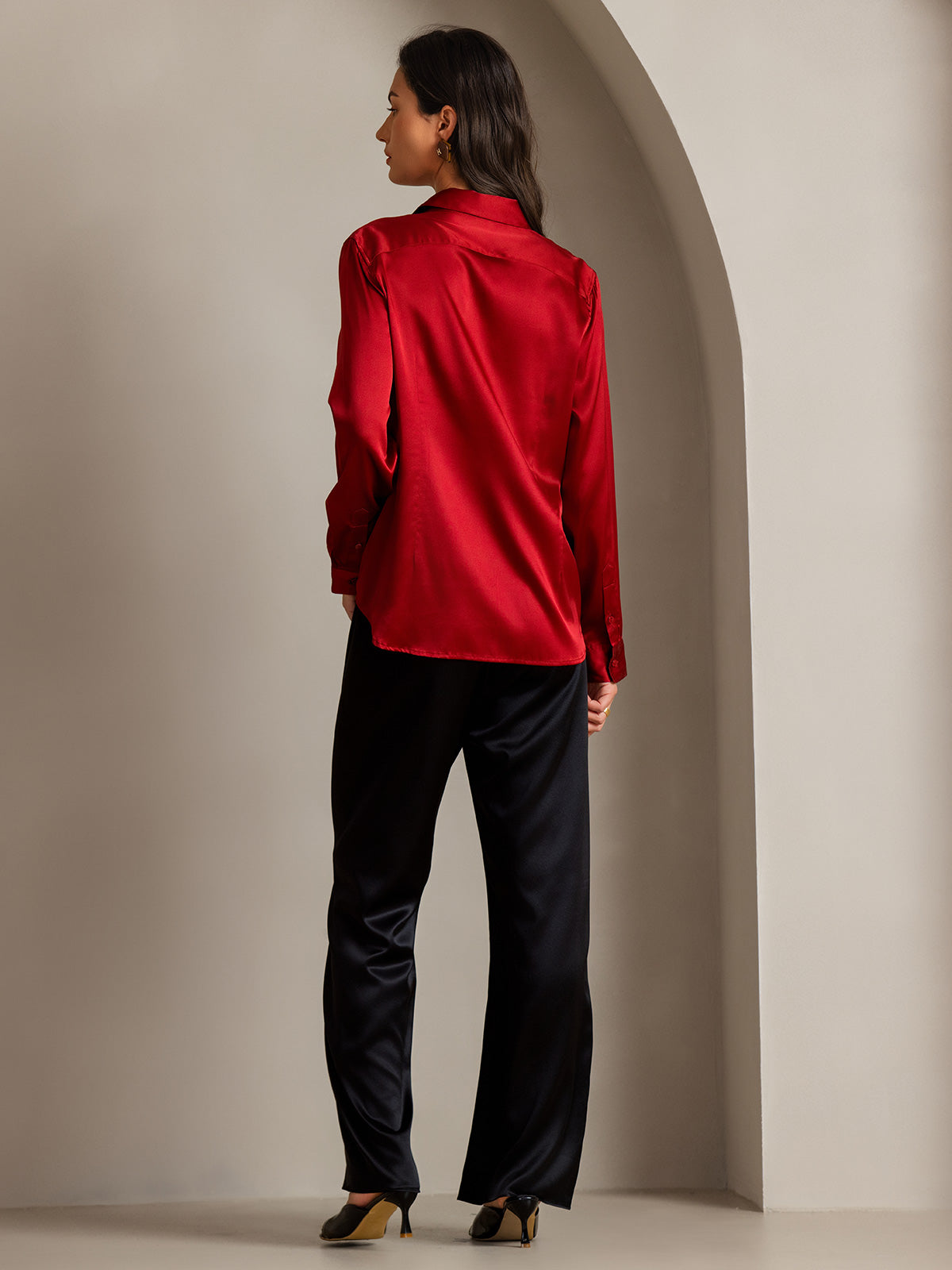 [Rosso] SilkSilky-IT Seta Manica lunga Colletto risvolto Camicie da donna 002