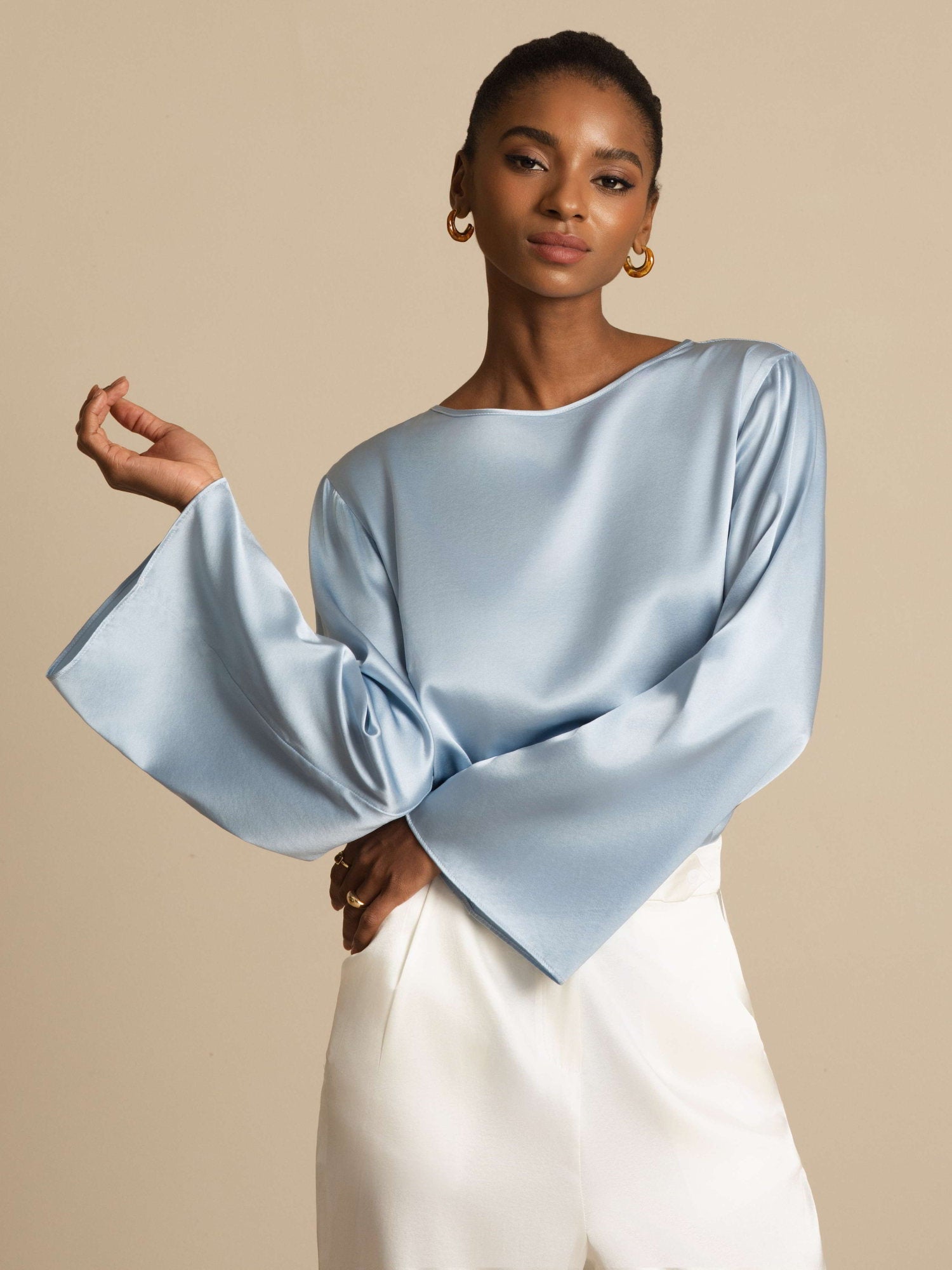 [Blu Grigiastro] SilkSilky-IT 19Momme Manica lunga Scollo barchetta Camicette 004